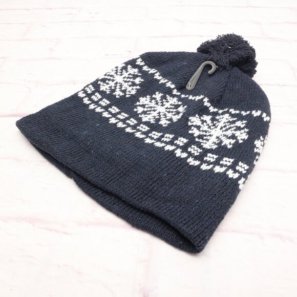 Chapeau Snowflake Winter Ski Beanie Hat Navy White Fleece Lined W/Top Pom - Picture 9 of 9